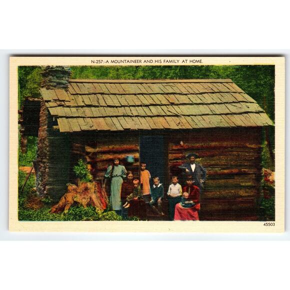 Vintage Linen Postcard A Mountaineer and His Family at Home Asheville NC - Picture 1 of 2